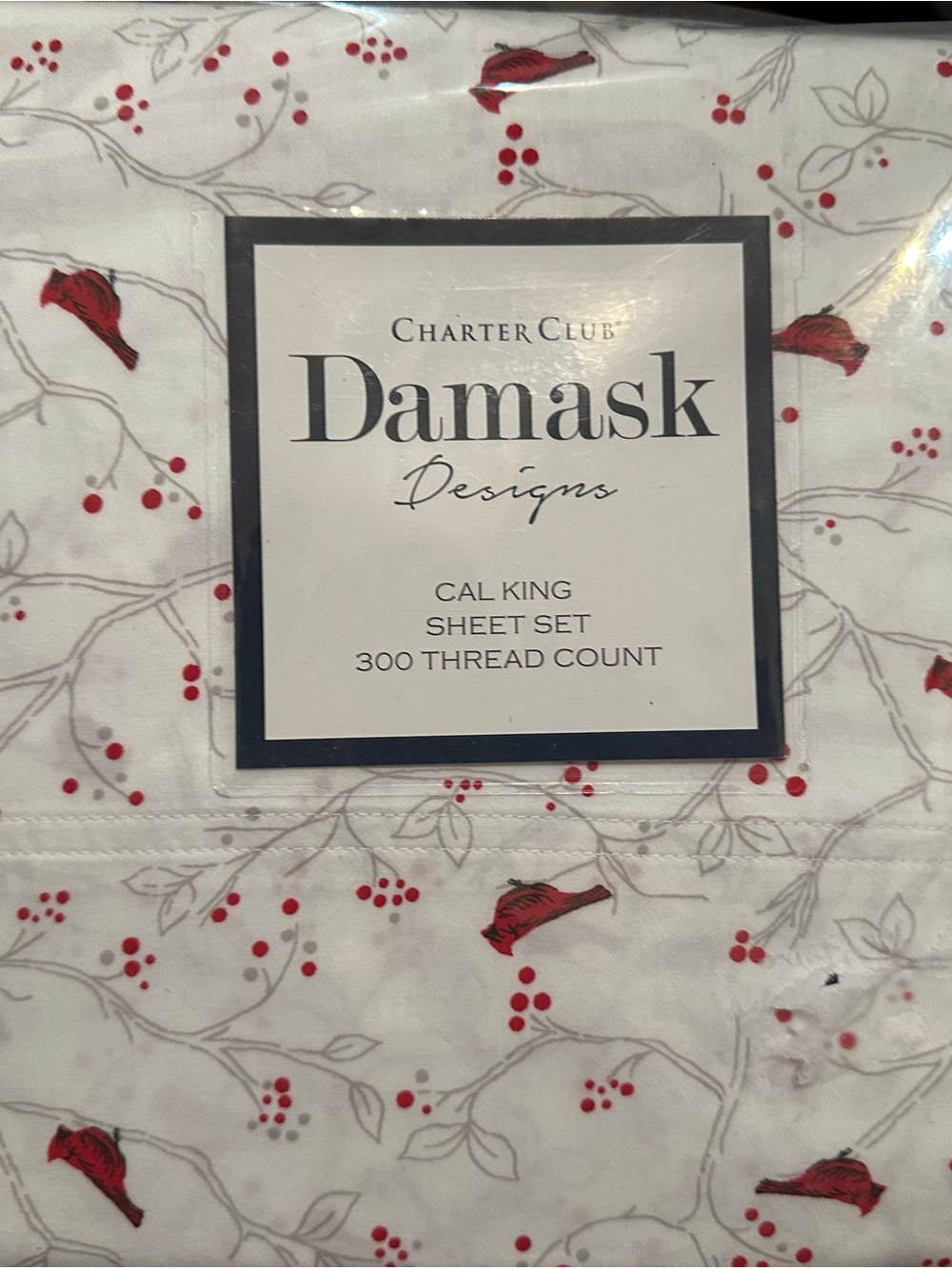 Charter Club Damask 4 Piece White Sheet Set with Red Berry & Gray Vine Print NWT